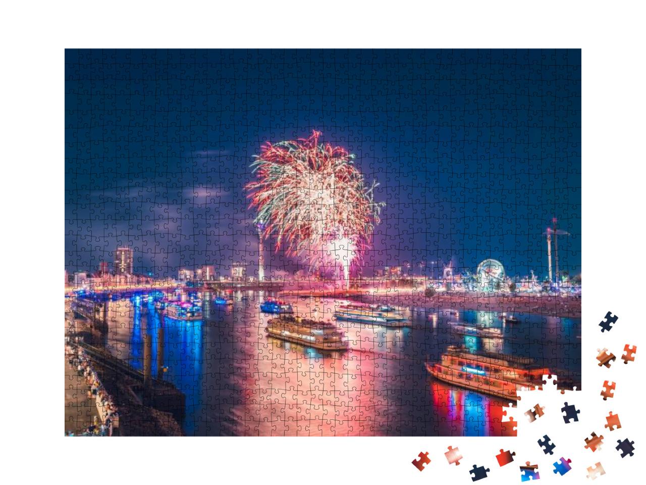 Fireworks Over the River in Dusseldorf, Germany... Jigsaw Puzzle with 1000 pieces