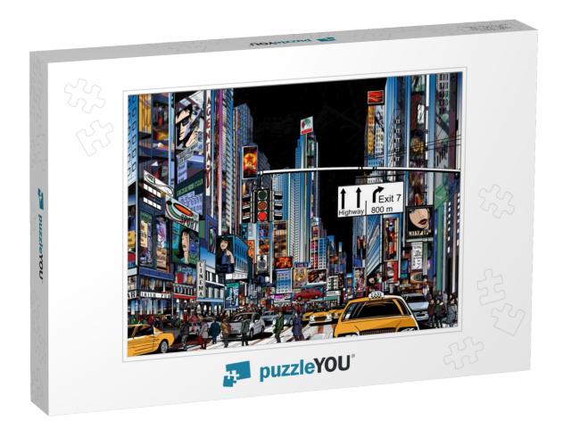 Vector Illustration of a Street in New York City At Night... Jigsaw Puzzle