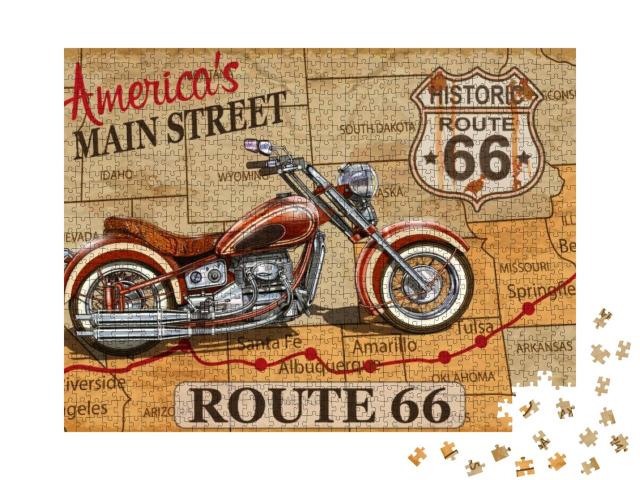 Vintage Route 66 Motorcycle Poster... Jigsaw Puzzle with 1000 pieces