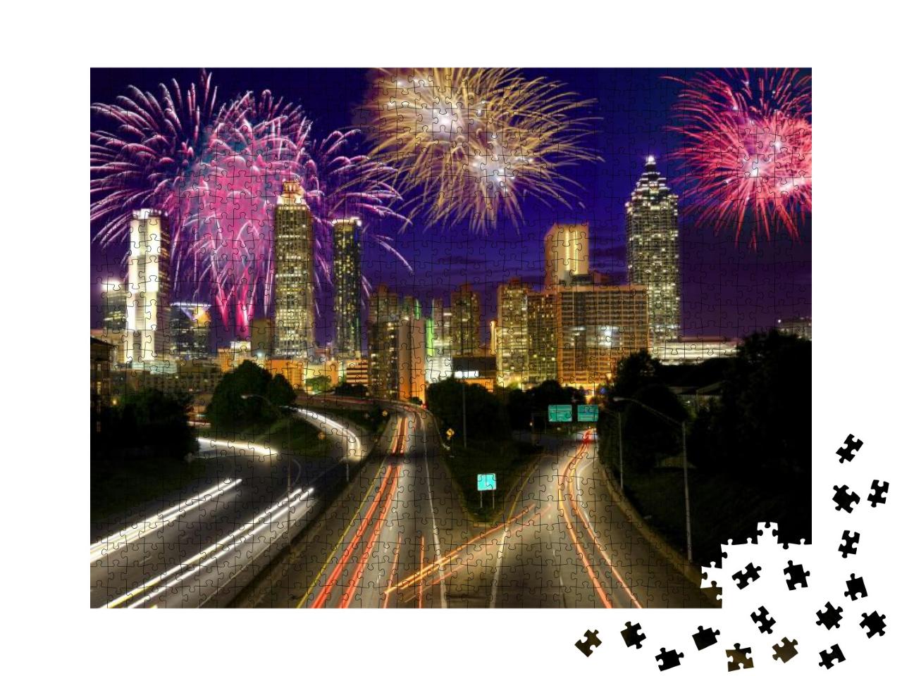 Fireworks Over Atlanta Skyscrapers, Usa... Jigsaw Puzzle with 1000 pieces