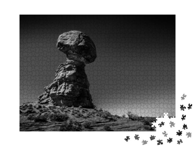 Black & White Photo of Balanced Rock, a Tall & Delicate S... Jigsaw Puzzle with 1000 pieces