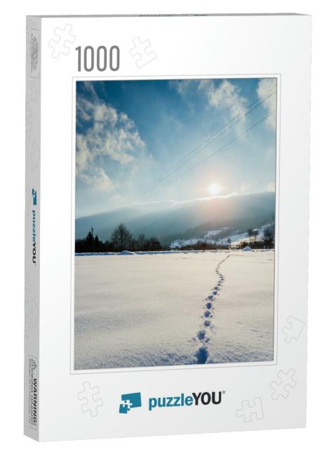 Trail in the Snow At Sunrise & Sunset. Footprints in the... Jigsaw Puzzle with 1000 pieces