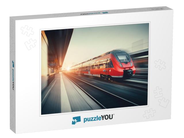 Beautiful Railway Station with Modern High Speed Red Comm... Jigsaw Puzzle