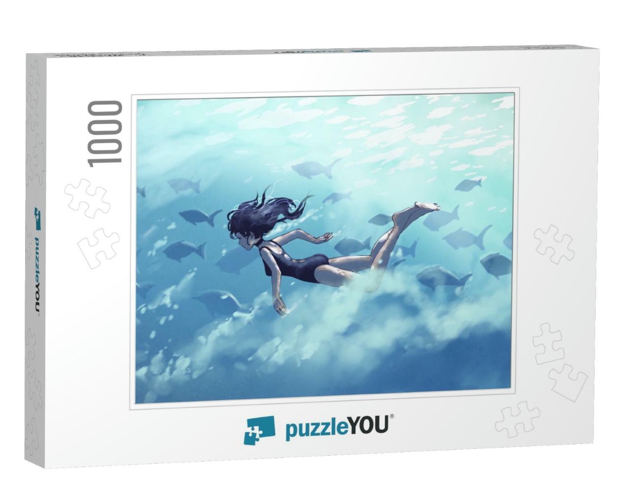 Young Woman Diving with a School of Fish in the Sea, Digi... Jigsaw Puzzle with 1000 pieces