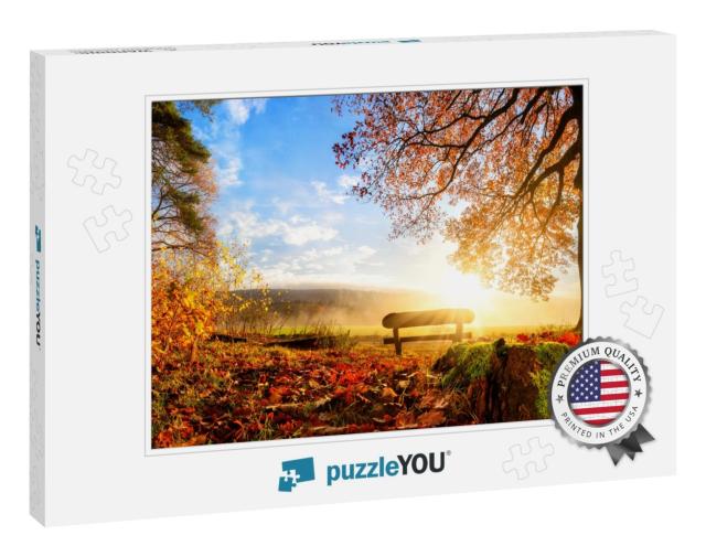 Autumn Landscape with the Sun Warmly Illumining a Bench U... Jigsaw Puzzle