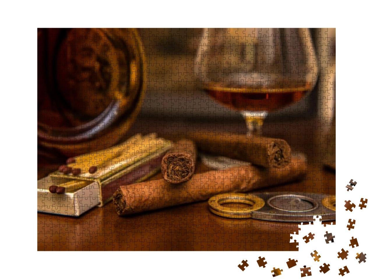 Time to Enjoy! Quality Cigars & Cognac on a Wooden Table... Jigsaw Puzzle with 1000 pieces