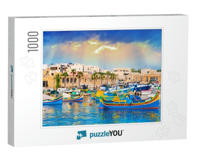 Marsaxlokk Village Harbor of Malta, Illuminated by Sunset... Jigsaw Puzzle with 1000 pieces