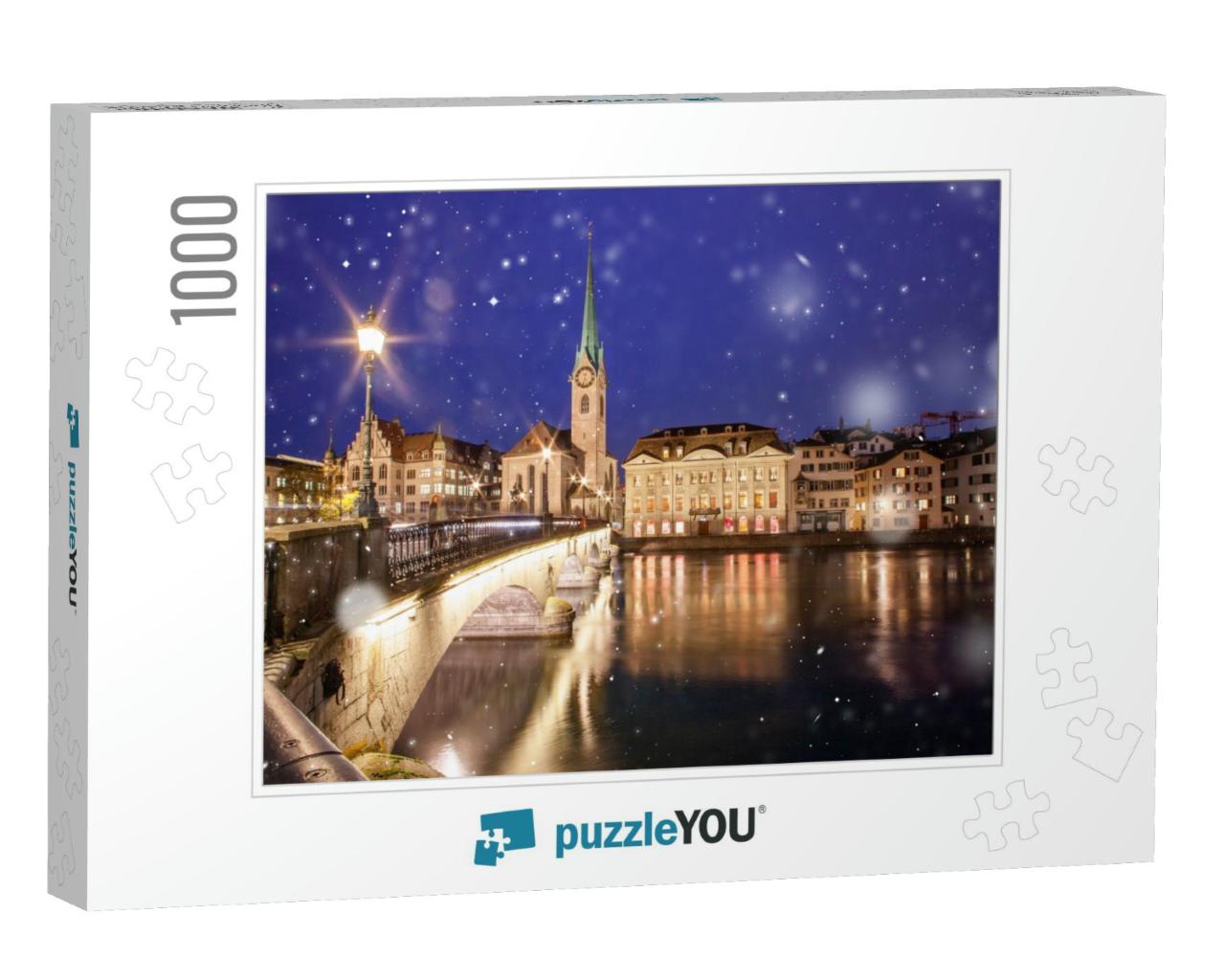 Snowfall in Zurich City Center with Famous Fraumunster &... Jigsaw Puzzle with 1000 pieces