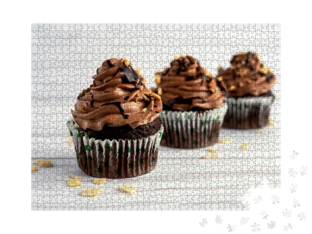Delicious Chocolate Cupcake on White Wooden Table... Jigsaw Puzzle with 1000 pieces