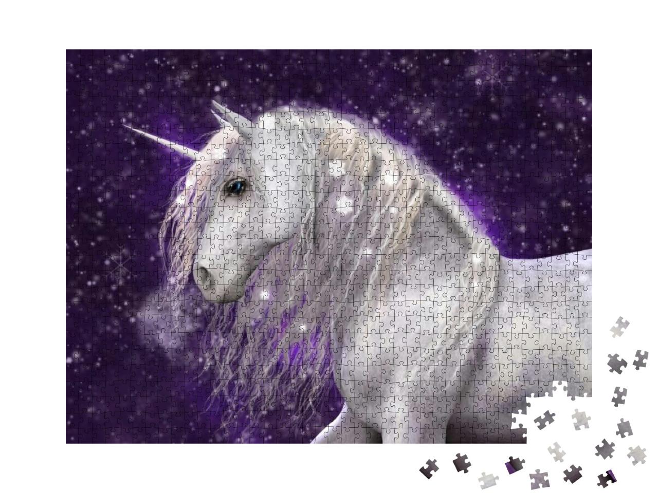 A Beautiful White Unicorn with Silvery Mane that Has Spar... Jigsaw Puzzle with 1000 pieces