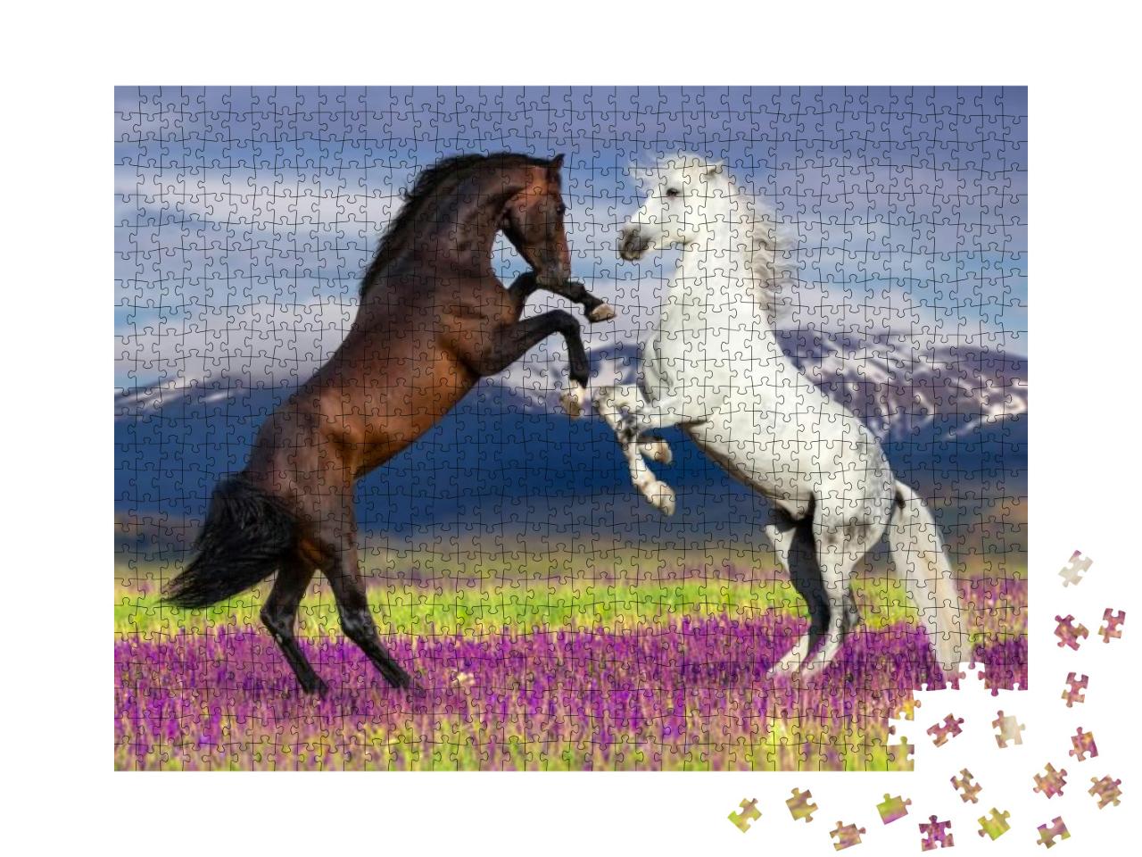 Two Horse Rearing Up Against Mountain View in Flower Fiel... Jigsaw Puzzle with 1000 pieces