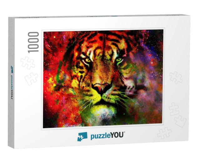 Magical Space Tiger, Multicolor Computer Graphic Collage... Jigsaw Puzzle with 1000 pieces