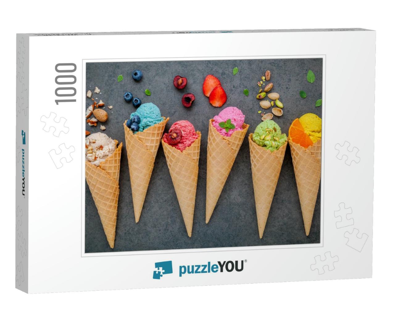 Various of Ice Cream Flavor in Cones Blueberry, Strawberr... Jigsaw Puzzle with 1000 pieces