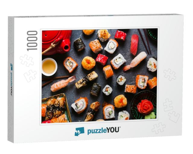 Japanese Sushi Set Nigiri & Sushi Rolls Served with Wasab... Jigsaw Puzzle with 1000 pieces