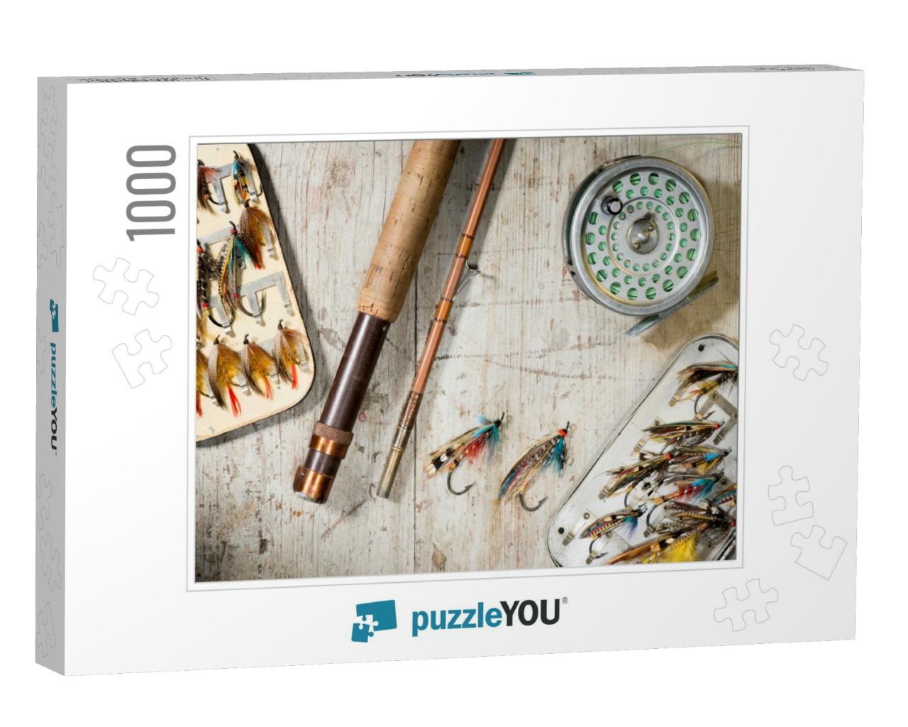 Fly Fishing Rod, Reel & Vintage Salmon Flies in Boxes on... Jigsaw Puzzle with 1000 pieces