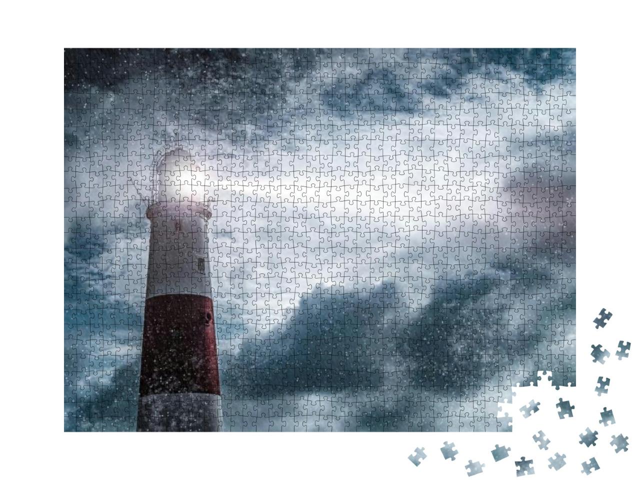 Large Red & White Lighthouse on a Rain & Storm Filled Nig... Jigsaw Puzzle with 1000 pieces