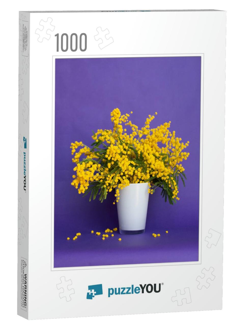 Mimosa. Yellow Flowers in a White Vase on a Purple Backgr... Jigsaw Puzzle with 1000 pieces