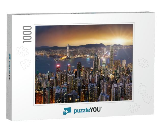 Hong Kong Skyline Panorama At Dramatic Sunset, China - As... Jigsaw Puzzle with 1000 pieces