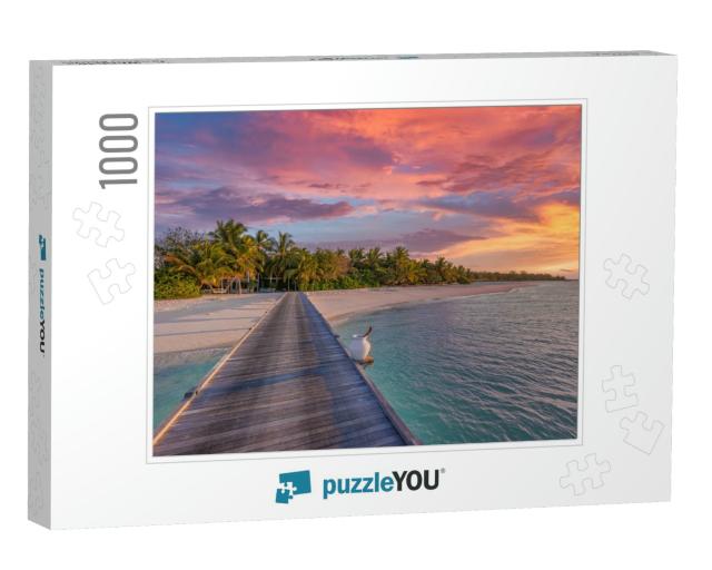 Sunset on Maldives Island Resort. Wooden Pier with Beauti... Jigsaw Puzzle with 1000 pieces