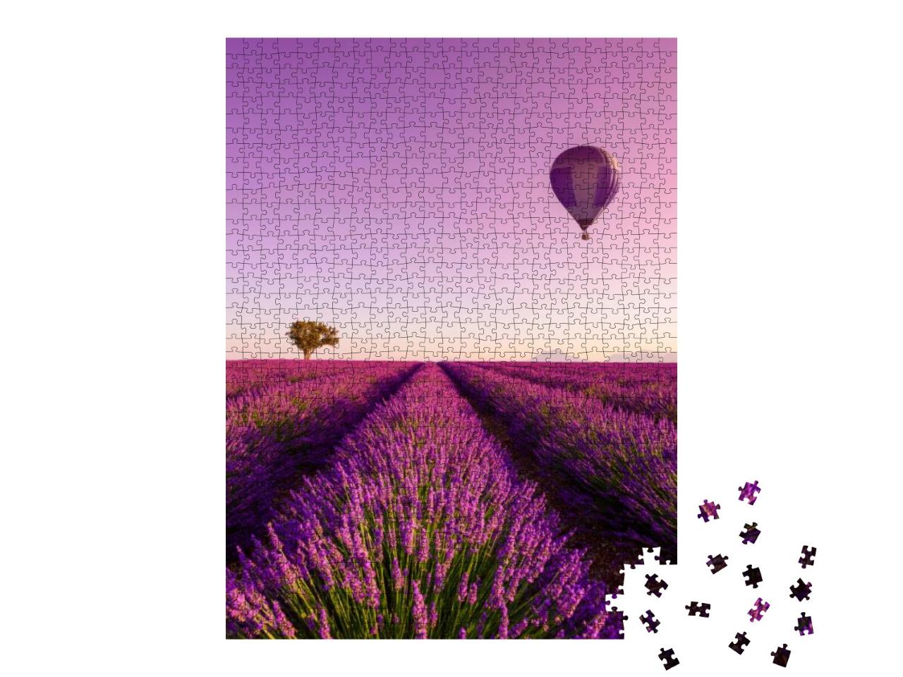 Lavender Field Rows At Sunrise Hot Air Balloon & Lonely T... Jigsaw Puzzle with 1000 pieces