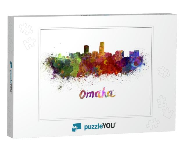 Omaha Skyline in Watercolor Splatters with Clipping Path... Jigsaw Puzzle