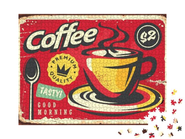 Coffee Sign in Retro Style. Coffee Cup Drawing on Old Red... Jigsaw Puzzle with 1000 pieces