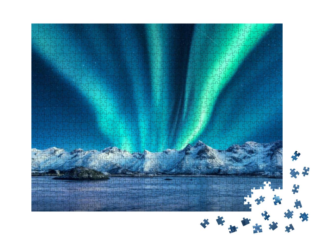 Aurora Borealis Above the Snow Covered Mountains in Lofot... Jigsaw Puzzle with 1000 pieces