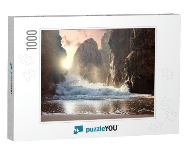 Fantastic Big Rocks & Ocean Waves At Sundown Time. Dramat... Jigsaw Puzzle with 1000 pieces