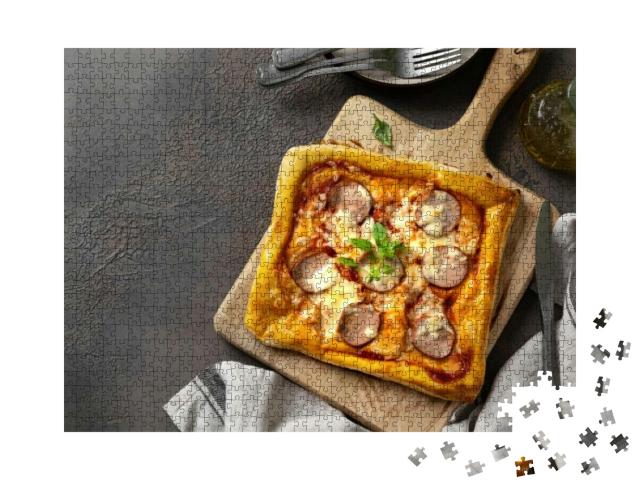 Homemade Puff Pastry Pizza with Salami, Mozzarella, Tomat... Jigsaw Puzzle with 1000 pieces