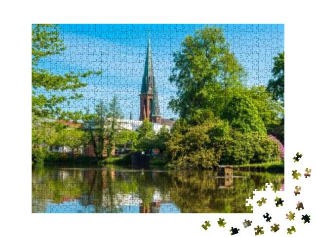 View of the Pond & St. Lamberti Church of Oldenburg, Germ... Jigsaw Puzzle with 1000 pieces
