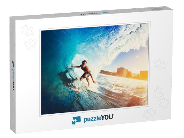 Surfer on Blue Ocean Wave Getting Barreled At Sunrise... Jigsaw Puzzle