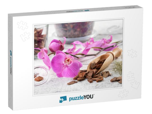 Beautiful Purple Orchid Flower & Wooden Scoop of Pine Bar... Jigsaw Puzzle