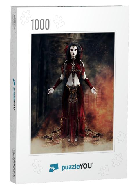 Fantasy Gothic Sorceress in a Red Dress Standing in a Hal... Jigsaw Puzzle with 1000 pieces
