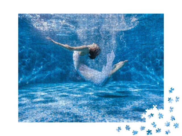 Dancing Woman Under the Water in a Pool in a White Dress... Jigsaw Puzzle with 1000 pieces
