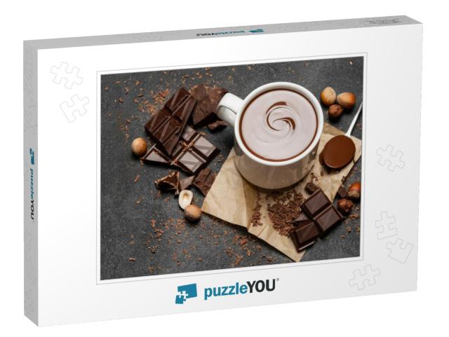 Cup of Hot Chocolate & Pieces of Chocolate on Dark Concre... Jigsaw Puzzle