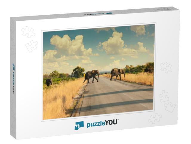 North Botswana Family of Elephants Crossing the Road, is... Jigsaw Puzzle