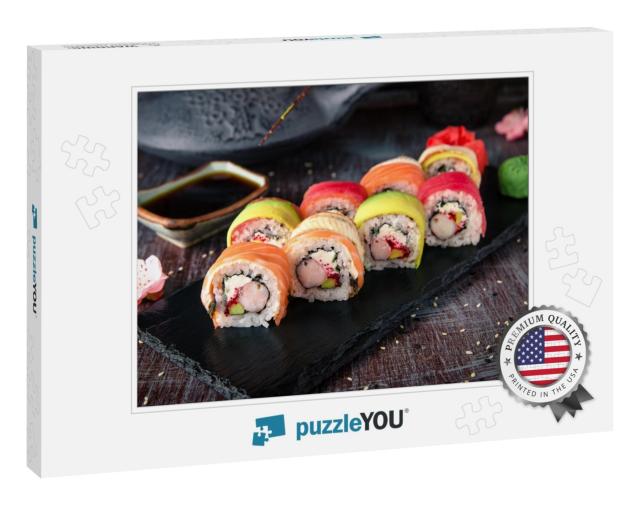 Rainbow Sushi Roll with Salmon, Eel, Tuna, Avocado, Royal... Jigsaw Puzzle