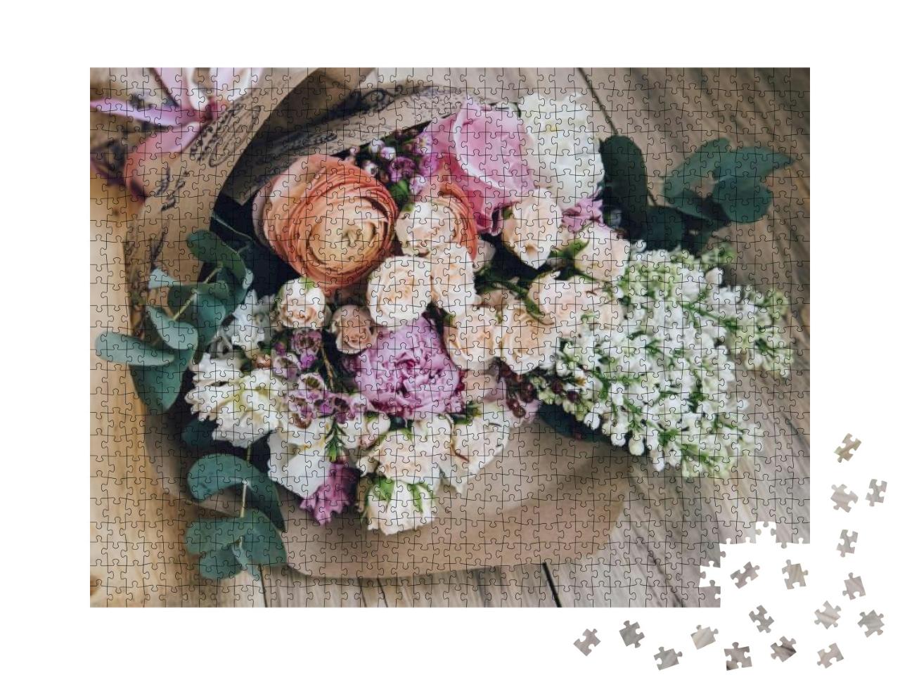 Beautiful Flower Bouquet on the Wooden Table Background... Jigsaw Puzzle with 1000 pieces
