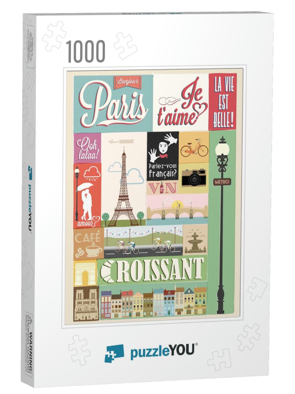 Typographical Retro Style Poster with Paris Symbols & Lan... Jigsaw Puzzle with 1000 pieces