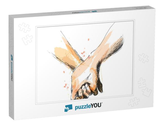 Colored Hand Sketch Holding Hands. Vector Illustration... Jigsaw Puzzle