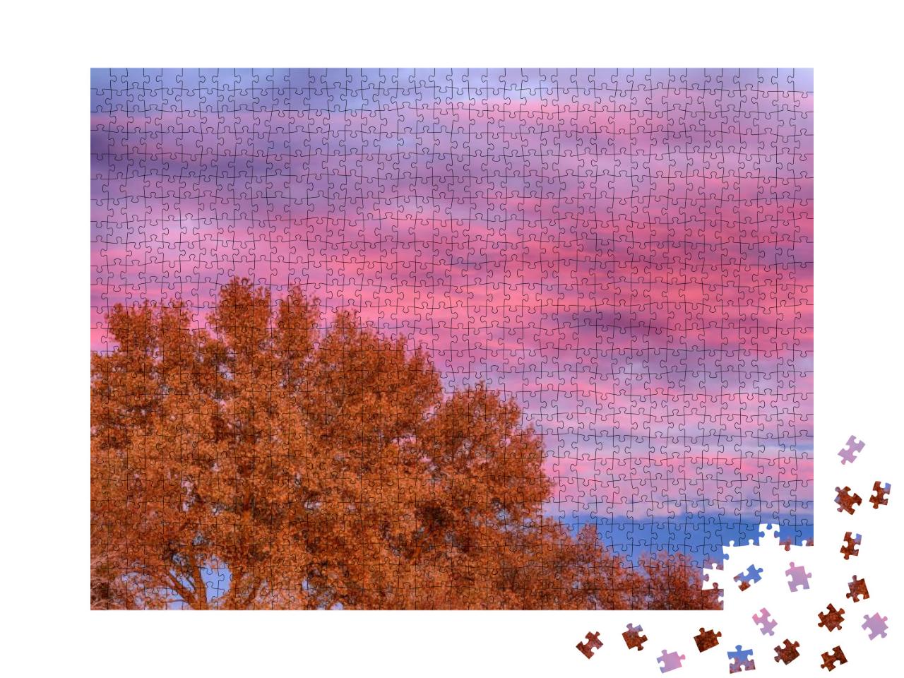 Colorful Cloudy Autumn Sunset with Orange Tree Leaves & D... Jigsaw Puzzle with 1000 pieces