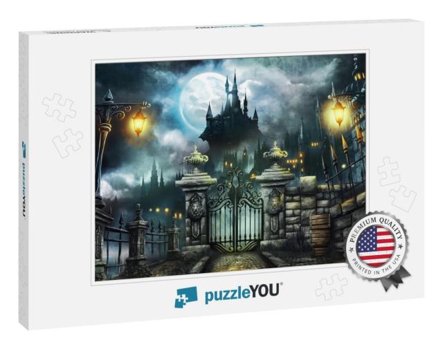 Halloween Dark Castle with Full Moon Wallpaper... Jigsaw Puzzle