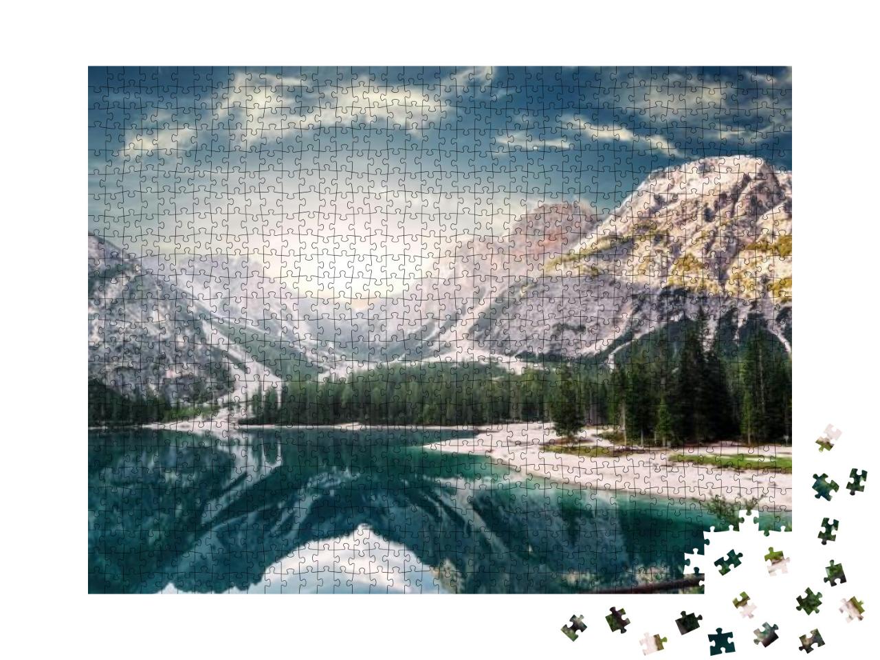 Incredible View on Majestic Famous Lake Braies During Sun... Jigsaw Puzzle with 1000 pieces