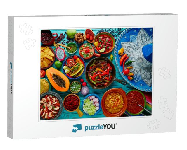 Mexican Food Mix Colorful Background Mexico & Sombrero... Jigsaw Puzzle
