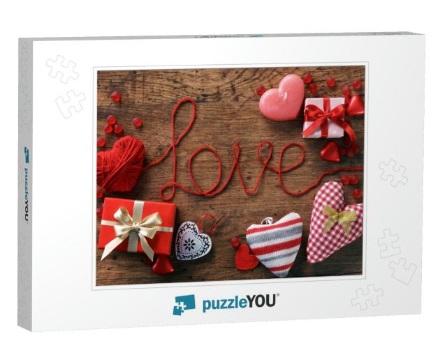 Red Heart, Word Love & Valentines Day Gifts Boxes on Wood... Jigsaw Puzzle