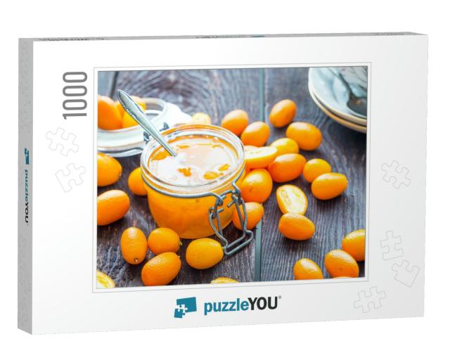 Close Up View of Kumquat Jam in Glass Jar on Dark Wooden... Jigsaw Puzzle with 1000 pieces