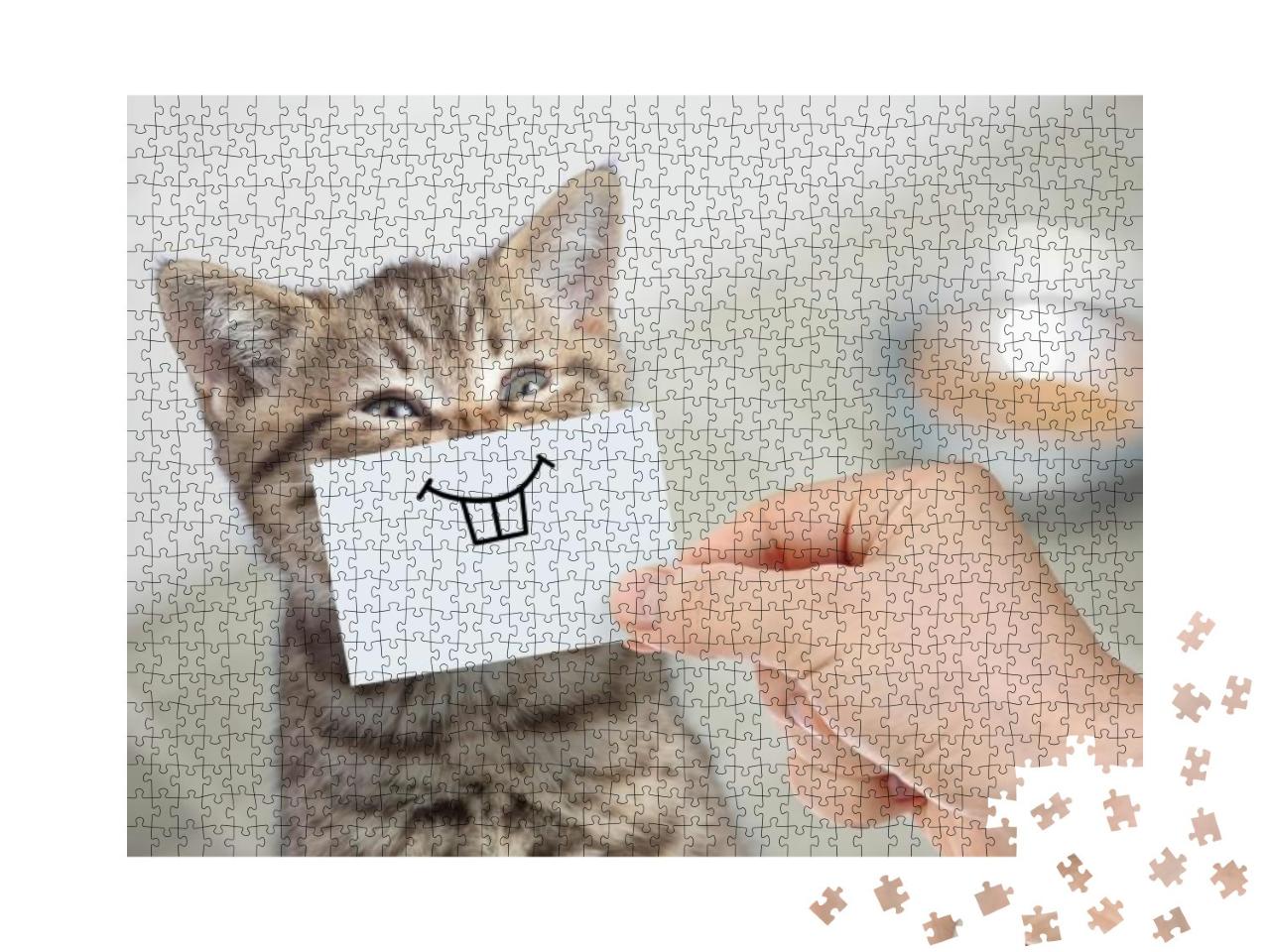 Funny Cat with Smile on Cardboard Sitting Near Food... Jigsaw Puzzle with 1000 pieces