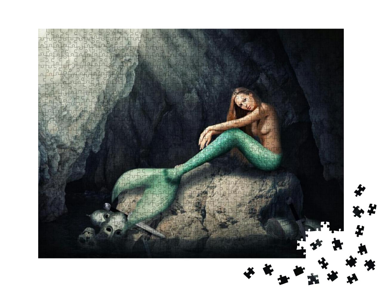 Beautiful Woman Mermaid Sitting on Stones in Dark Cave. H... Jigsaw Puzzle with 1000 pieces