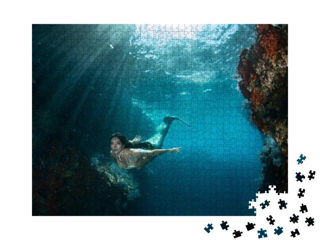 Black Hair Mermaid Swimming Underwater in the Deep Blue S... Jigsaw Puzzle with 1000 pieces