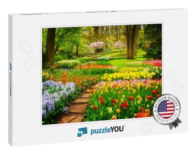 Colorful Tulips Flowerbeds & Stone Path in an Spring Form... Jigsaw Puzzle